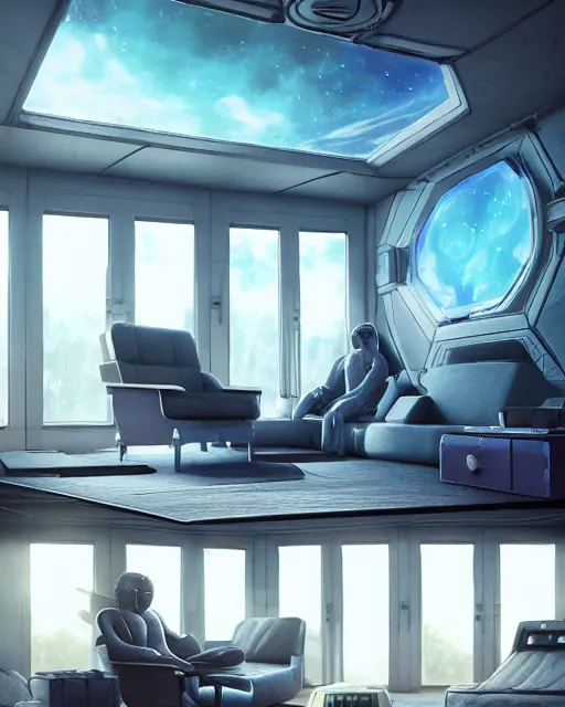Image similar to artstation scifi scene of a safe room as ikea ad, lounge furniture, large terrarium, sky mural on the room ceiling, paneled walls, unreal engine 5, hyper realism, realistic shading, cinematic composition, blender render, octane render, hdr, detailed textures, photorealistic, wide shot