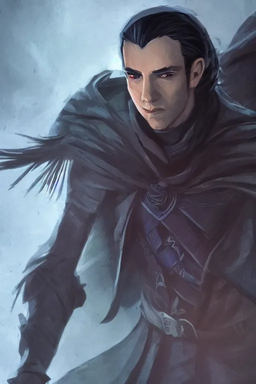 Image similar to Liam O'Brien as Vax'ildan from Vox Machina, Half-elf Rogue, realistic cinematic shot, swirling nature magic, subtle fog and mood lighting