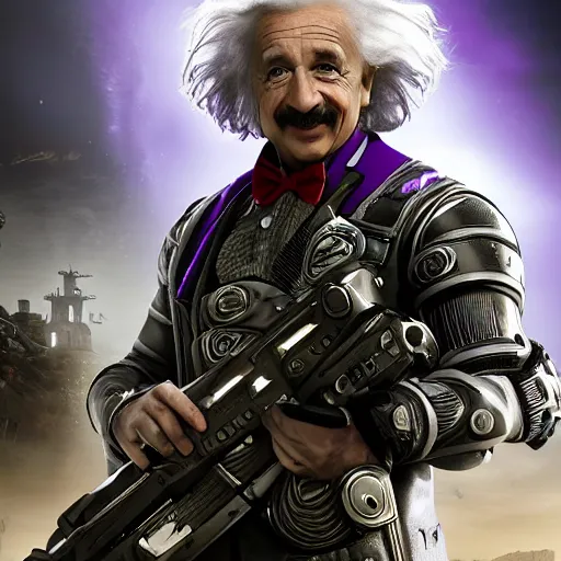 Image similar to albert einstein as willy wonka in gears of war, splash art, movie still, cinematic lighting, dramatic, octane render, long lens, shallow depth of field, bokeh, anamorphic lens flare, 8 k, hyper detailed, 3 5 mm film grain