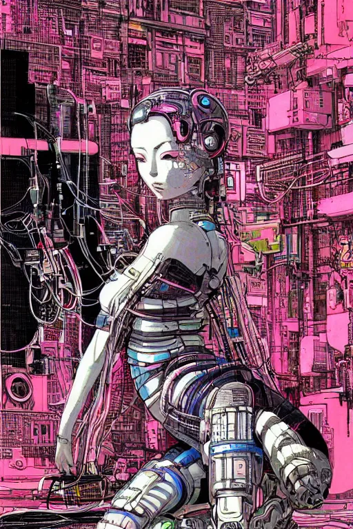 Prompt: an hyper-detailed cyberpunk illustration of a female android kneeling on the floor in a tech labor, seen from the side with her body open showing cables and wires coming out, by masamune shirow, Yukito Kishiro and katsuhiro otomo, japan, 1980s, centered, colorful