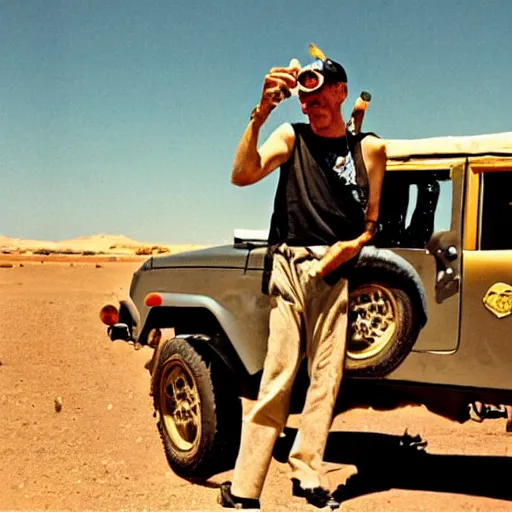 Image similar to hunter S. Thompson eating a sandwich on a jeep in the desert going really fast