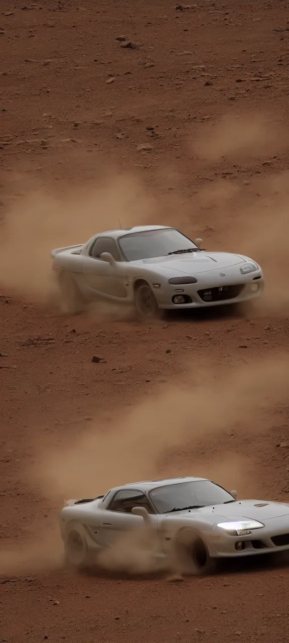 Image similar to a jdm mazda rx - 7 drifting on mars, cinematic, dark atmosphere, long exposure, white balance, 8 k, led, lumen global illumination, fog, ray tracing reflections