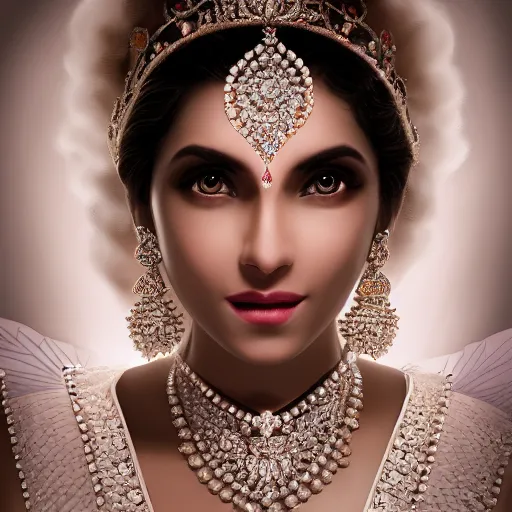 Image similar to portrait of wonderful hindi princess of white diamonds with fair skin, white flowers, ornate with white diamonds, 8 k, gorgeous, intricate, detailed, glowing white accent lighting, dramatic lighting, octane render