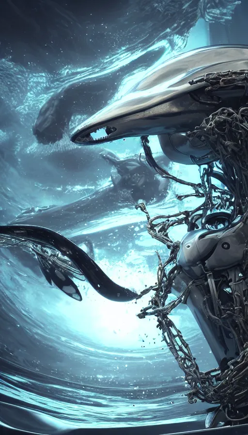 Image similar to summoning a beautiful biomechanical orca spirit from the ocean, organic and robotic, made up of metal, skin, and plastic, shiny, metallic, cyberpunk, post apocalyptic, hyper realistic, epic angle, octane render unreal engine render, 8k, super detailed, SLEEK!!!