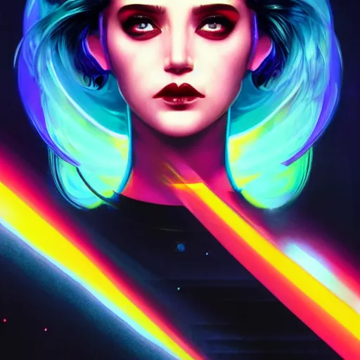 Prompt: synthwave symmetrical void woman with cute - fine - face, pretty face, multicolored hair, realistic shaded perfect face, extremely fine details, by realistic shaded lighting, dynamic background, poster by ilya kuvshinov katsuhiro otomo, magali villeneuve, artgerm, jeremy lipkin and michael garmash and rob rey, riot games
