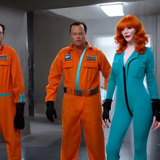 Image similar to vince vaughn as jack fenton, he is wearing an orange coveralls bodysuit with a big sci - fi gun belt, and christina hendricks as maddie fenton, she is wearing a tight teal coveralls bodysuit with a big sci - fi gun belt, movie photo, spooky netflix still shot, they are looking for ghosts