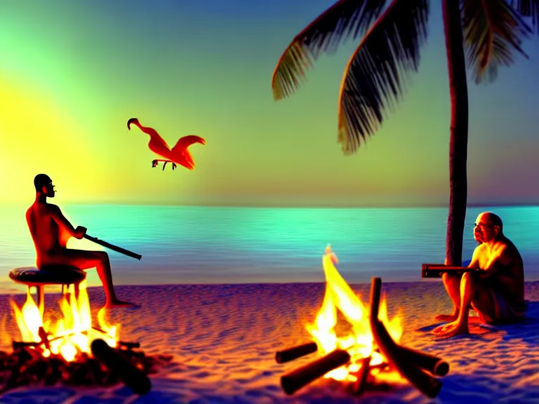 Image similar to gandhi sitting on a beach next to a campfire, holding a cigar, sunset, parrots, flamingos, coconuts, palm trees, highly detailed, digital art, hyper realistic, beautiful, 8 k, trending on deviantart, hyper detailed, glorious lighting, epic environment,