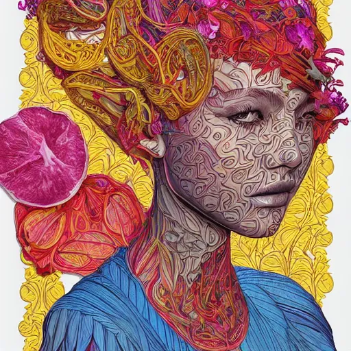 Image similar to the portrait of a beautiful and elegant young woman made up of peppers, an ultrafine detailed illustration by james jean, intricate linework, bright colors, final fantasy, behance contest winner, vanitas, angular, altermodern, unreal engine 5 highly rendered, global illumination, radiant light, detailed and intricate environment