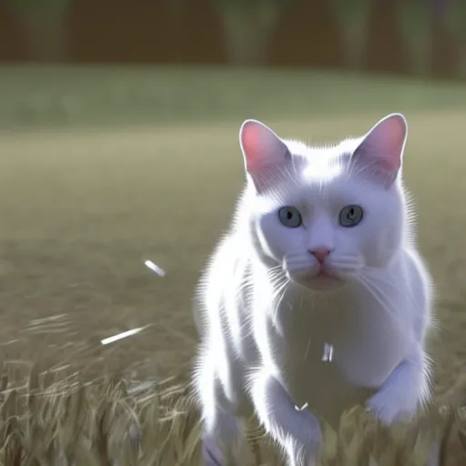 Image similar to a white cat walking, shot from behind, it is in a field, unreal engine