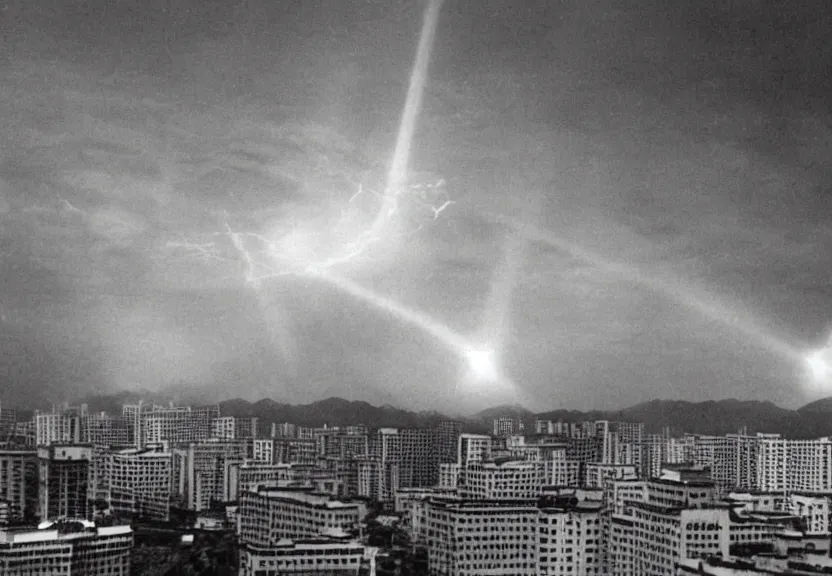 Image similar to Pulgasari the North Korean starfish monster destroying Pyongyang city, volumetric lighting, filmstill, produced by Kim Jong-il, Kodachrome, kaiju-eiga, monster movie, communist propaganda, film noir, 35mm film grain, Cooke Varotal 20-100mm T3.1, in the style of Ishirō Honda and Shinya Tsukamoto