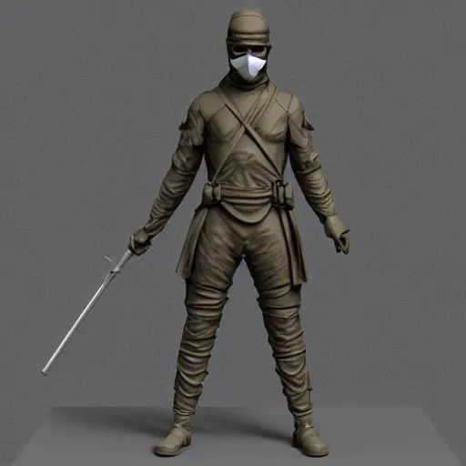 Prompt: 3 d rendering of marble statue of ninja wearing full face mask and hunter hat, combat suit, technological, all marble, octane render