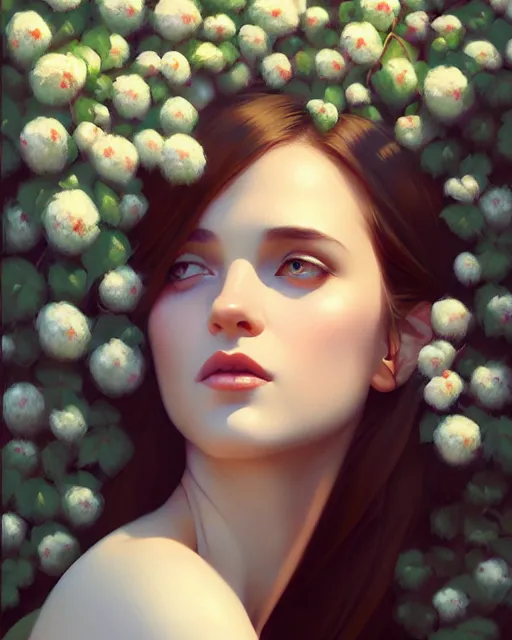 Image similar to stylized portrait of an artistic pose, composition, young lady sorrounded by nature, cinematic moody colors, ivy, flowers, one single head, realistic shaded, fine details, realistic shaded lighting poster by ilya kuvshinov, magali villeneuve, artgerm, jeremy lipkin and michael garmash and rob rey