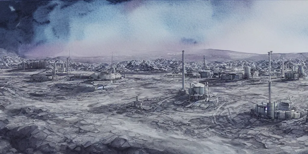 Prompt: norilsk russian town, sci fi, lunar soil, city on the moon, a detailed image of a future norilsk base, minimal masterpiece watercolor painting, trending on artstation