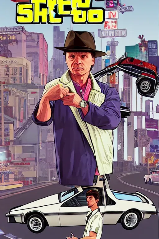 Prompt: GTA V cover art based on Back to the Future, starring Marty Mcfly, played by Michael J Fox. Marty Mcfly on the cover.