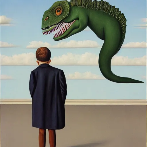 Image similar to a Magritte painting of a boy and his dinosaur