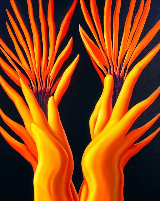 Image similar to neo-surreal painting of very detailed veiny human hands holding Birds of Paradise flowers robert steven connett dramatic orange light 8k high angle shallow depth of field