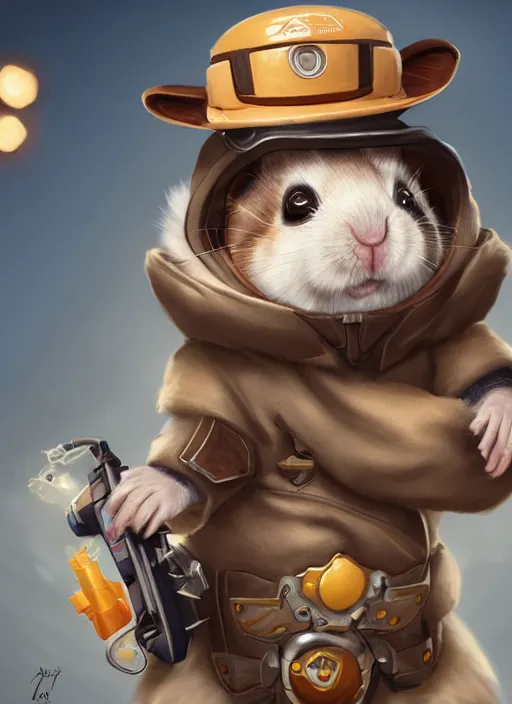 Prompt: character portrait of Cassidy from Overwatch depicted as a hamster engineer, by ArtGerm and Tom Bagshaw, 4k, highly detailed, cinematic lighting, characters merged