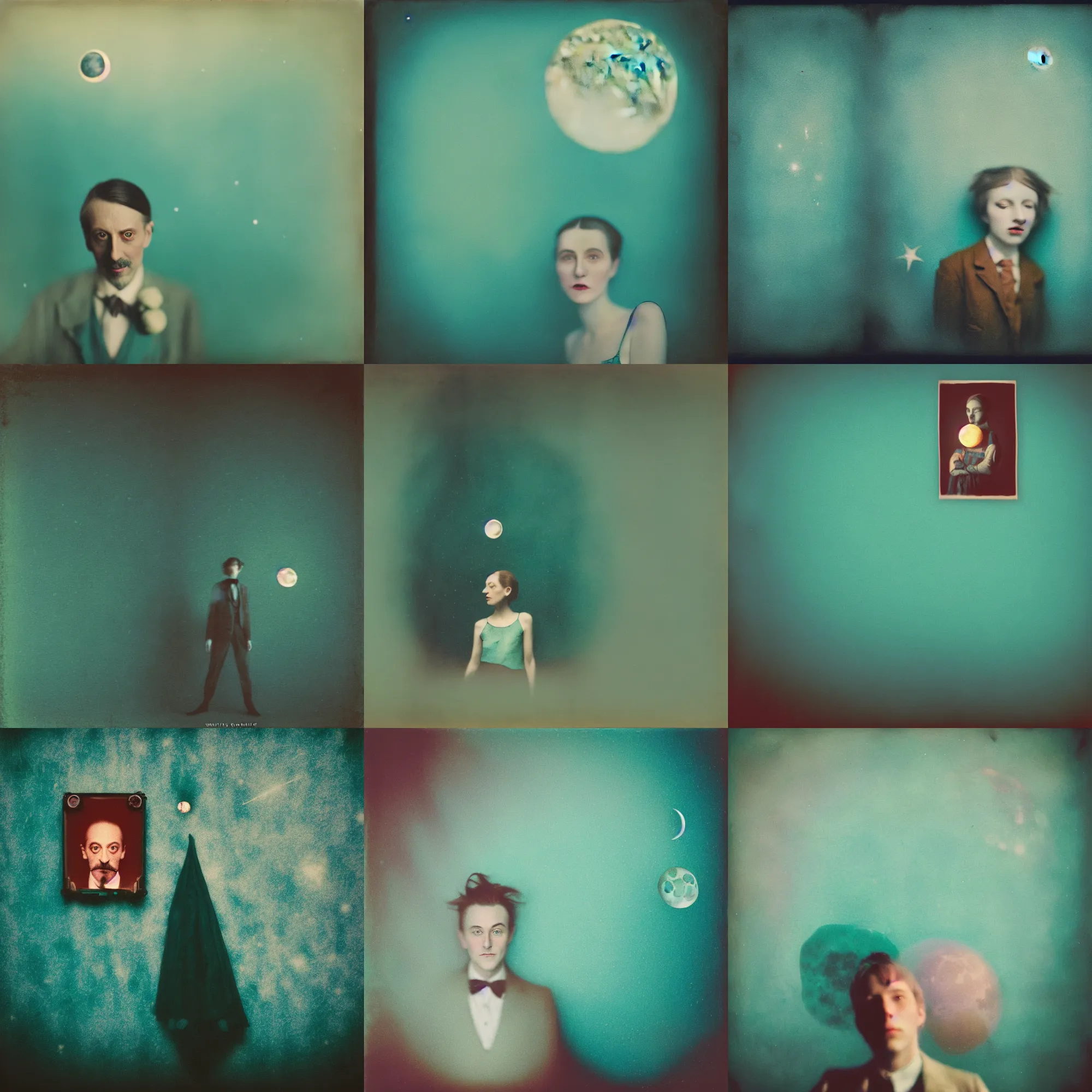 Prompt: kodak portra 4 0 0, wetplate, muted colours, teal, motion blur, portrait photo of a backdrop, sparkling, moon, by georges melies and by wes anderson and by britt marling