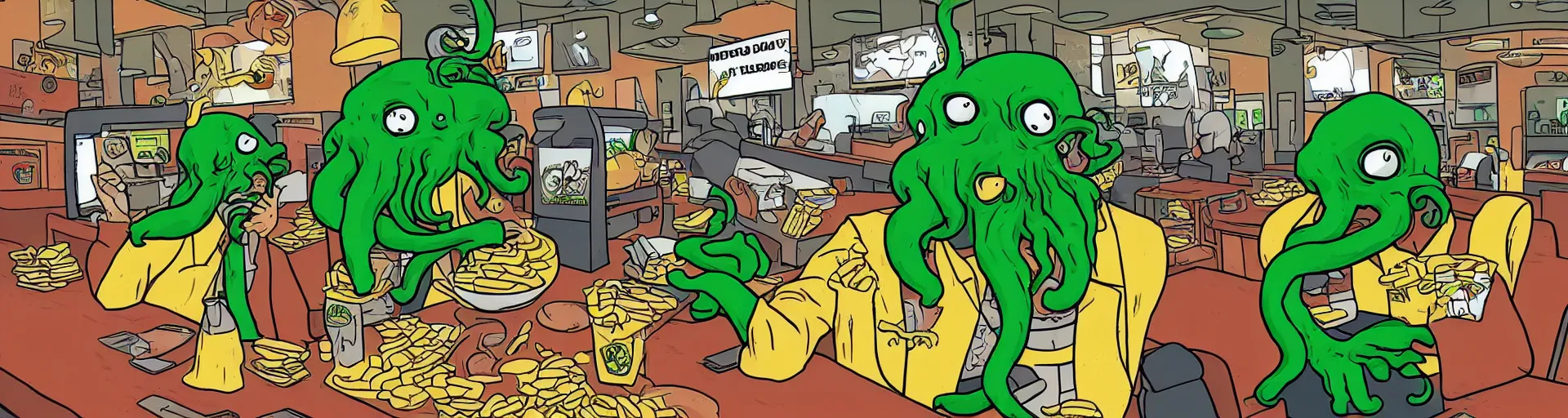 Image similar to Cthulhu working at McDonalds because he lost all of his money leverage trading bitcoin, mike judge art style, 90s mtv illustration