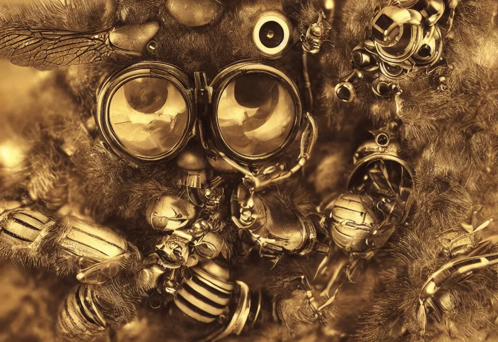 Prompt: high definition render of bees wearing steampunk goggles