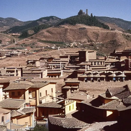 Prompt: Teruel city in 1989, Japanese old style buildings