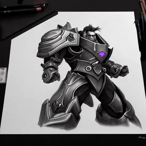 Prompt: reinhardt overwatch in the style of Diablo, highly detailed, pencil drawing, hyper realistic