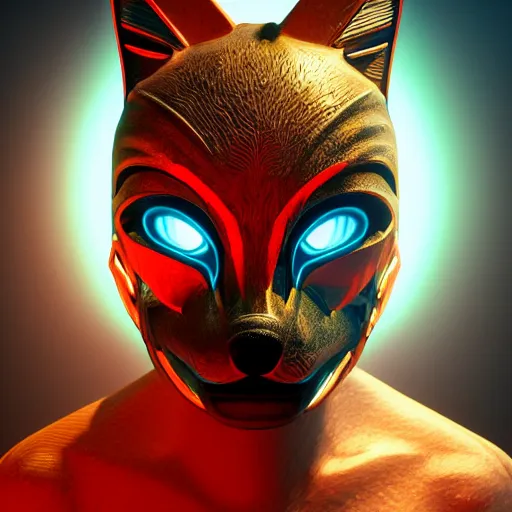 Image similar to cybertronic tribal mask, fox, japanese pottery, vivid colors, wood, metal, intricate details, trending on cgsociety, concept art, glowing eyes, sharp focus, ultra realistic details, cinematic atmosphere, global illumination, shadows