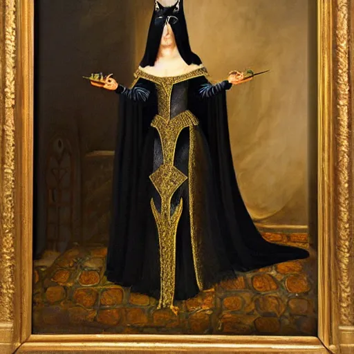 Prompt: black cat dressed in medieval princess gown with tiara with large sheild in the background detailed oil painting