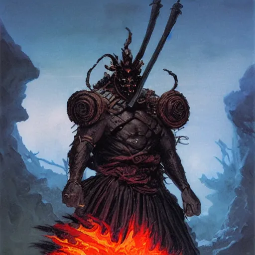 Prompt: head and shoulders portrait of a black samurai fire giant, wreathed in flame, d & d, fantasy, greg rutkowski, frank frazetta, alexandre chaudret, boris vallejo, michael whelan, miro petrov, hr giger, magali villeneuve, donato giancola