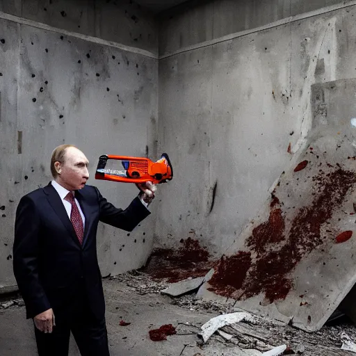 Image similar to putin with a chainsaw. in a concrete bunker with a pile of corpses. focus on putins face with blood splatters. canon eos r 3, f / 1. 4, iso 1 6 0 0, 1 / 8 0 s, 8 k, raw, grainy