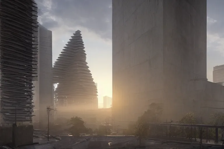 Image similar to streetscape, a towering cathedral of brutalist architecture, buildings covered with greebles, stunning volumetric light, sunset, metal, concrete and translucent material, stunning skies, majestic landscape, trending on Artstation, 8k, photorealistic, hyper detailed, unreal engine 5, IMAX quality, cinematic, epic lighting, in the style of Greg Rutkowski