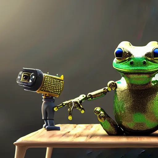 Image similar to a robot frog on a table, octane render, 3D, extremely detailed, accurate