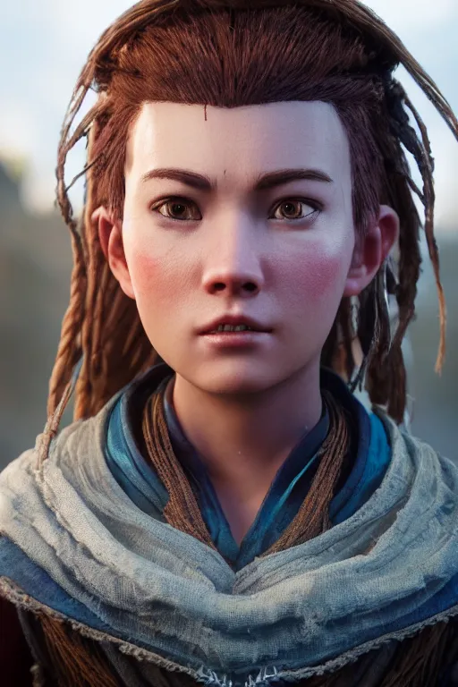 Prompt: aloy from horizon : forbidden west at night. photoreal, closeup portrait. shallow depth of field field.