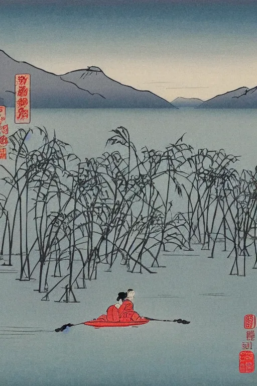 Prompt: A cartoon scenery of West Lake by Feng Zikai.