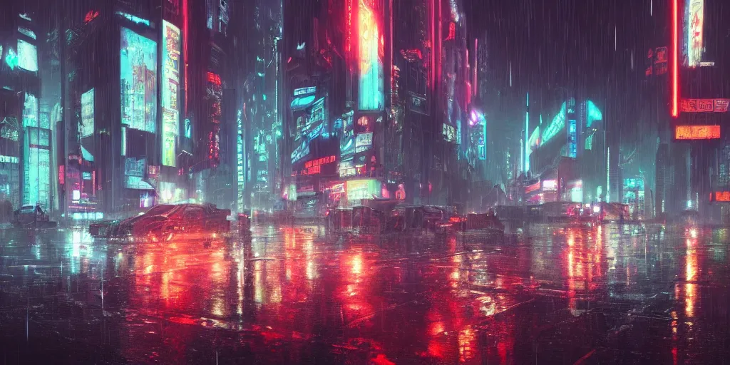 Prompt: Scene of a cyberpunk city in the rain during midnight, neon glow, 4k, cozy wallpaper, trending on Artstation, award-winning, art by Greg Rutkowski