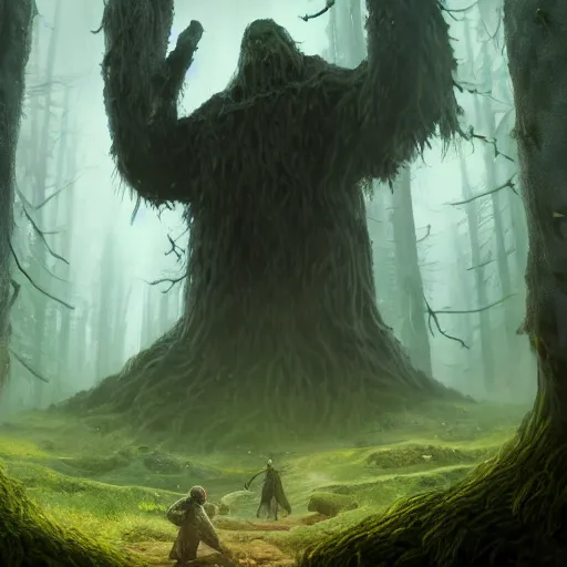 Image similar to an establishing shot of a giant with two heads, one on his left shoulder one on his right, dnd in a dark forest, two heads, digital art, high quality render, artstation, 8 k, photograph quality, ultrahd