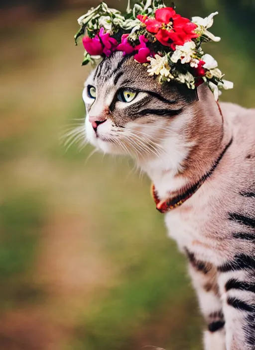 Image similar to 3 5 mm macro photography of a cat wearing a floral headdress and paisley suit