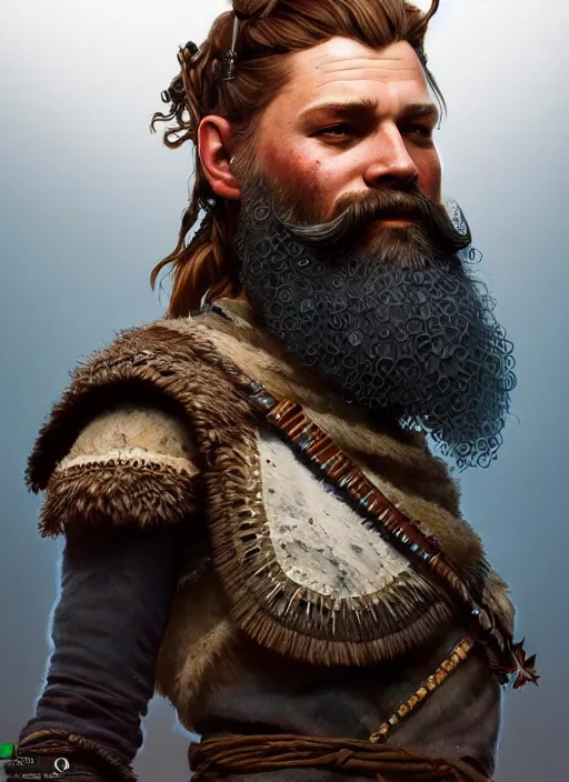 Prompt: portrait of a bearded viking, solarpunk, retrofuturist! computer screens horizon zero dawn machine, intricate, elegant, highly detailed, ray tracing, digital painting, artstation, concept art, smooth, sharp focus, illustration, art by artgerm and greg rutkowski and alphonse mucha, 8 k