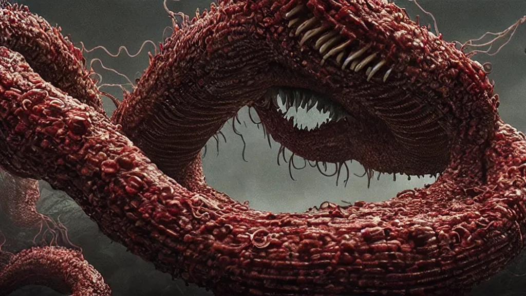 Image similar to screaming worm monster, maximalist, high detail, 8k, ornate, dark fantasy, realistic, masterpiece, complex, WLOP, film still from the movie directed by Denis Villeneuve with art direction