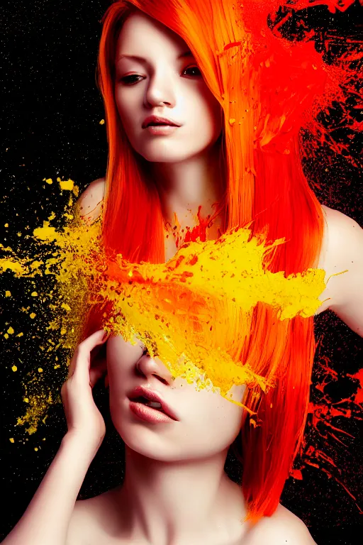 Image similar to a award winning half body portrait of a beautiful woman in a croptop and cargo pants with ombre red orange yellow hairstyle with head in motion and hair flying, paint splashes, splatter, outrun, vaporware, shaded flat illustration, digital art, trending on artstation, highly detailed, fine detail, intricate