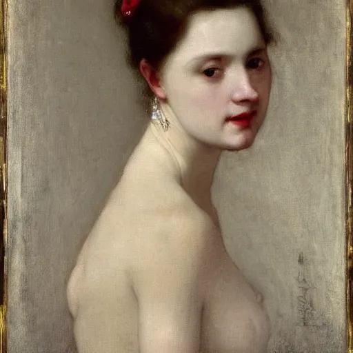 Image similar to sublime portrait of a woman in a red satin dress, very pale, graceful, Vermeer, Bouguereau, Van Dyck, Ingres, Rubens, Carolus-Duran, strong dramatic cinematic lighting, 17th-century, extremely detailed