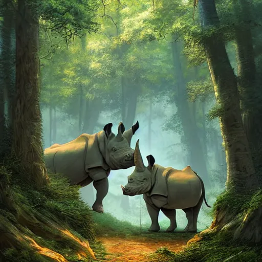 Prompt: a painting of a rhino in a forest, a detailed matte painting by marc simonetti, behance contest winner, fantasy art, matte painting, concept art, matte drawing. masterpiece