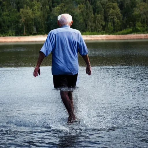 Image similar to a smiling old man walking on water