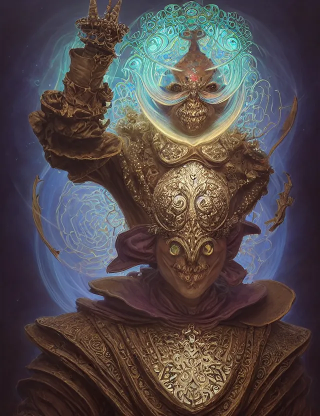 Image similar to front shot of a court jester character, hyperdimensional, bioluminescent hypercubes, ((intricate)), elegant, highly detailed, centered, (((artstation, concept art, smooth, sharp focus, artgerm, Tomasz Alen Kopera, Peter Mohrbacher, donato giancola, Joseph Christian Leyendecker, WLOP, Boris Vallejo))), mugshot!!!!!, ugly!!!!!!, octane render, nvidia raytracing demo, grainy, muted, 8K, digitalblasphemy