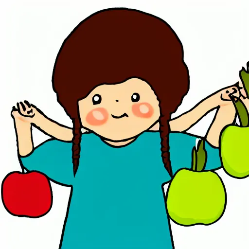 Prompt: an illustration of a child holding a bag of apples math problem