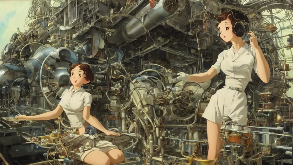 Prompt: a film still of a 1 9 5 0's mechanic anime girl working on a giant bio computer, finely detailed features, full body mid shot, perfect art, in the science laboratory, trending on pixiv fanbox, painted by gaston bussiere, makoto shinkai, akihiko yoshida, gaston bussiere, craig mullins, studio ghibli