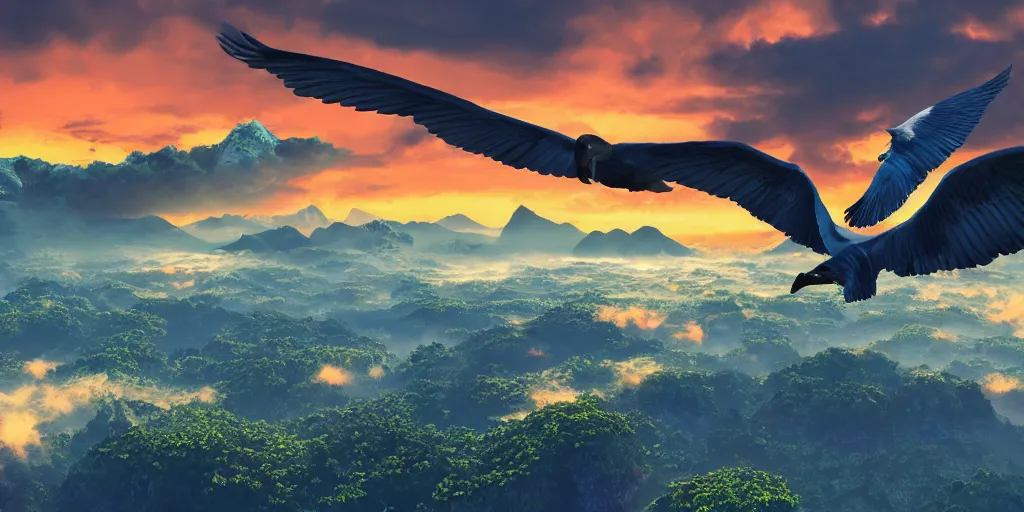 Image similar to large birds with giant wings flying over tropical islands with mountains and sunset sky, HD, 4K, digital art style