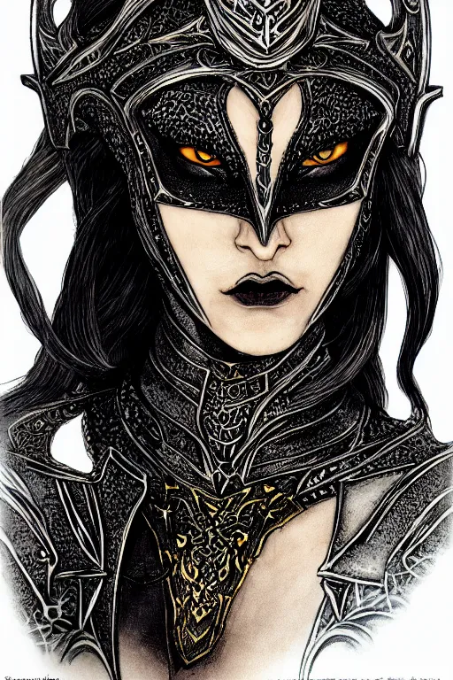 Image similar to head and shoulders portrait of an eldritch knight, drow, dark elf, shadar kai, female, breastplate, magical, high fantasy, d & d, by beardsley, face details, extremely detailed, vogue fashion photo