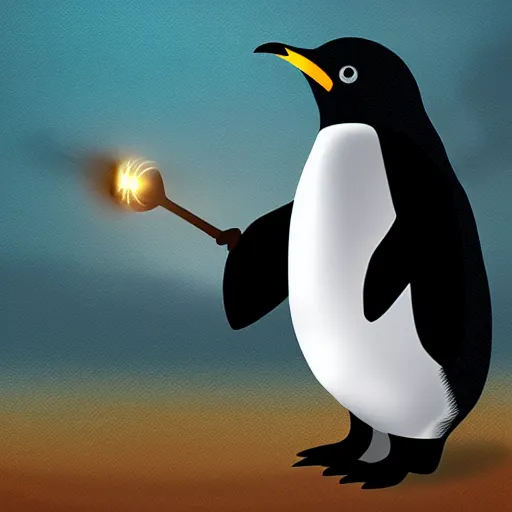 Image similar to a wizard penguin casting a spell, digital art, cinematic lighting