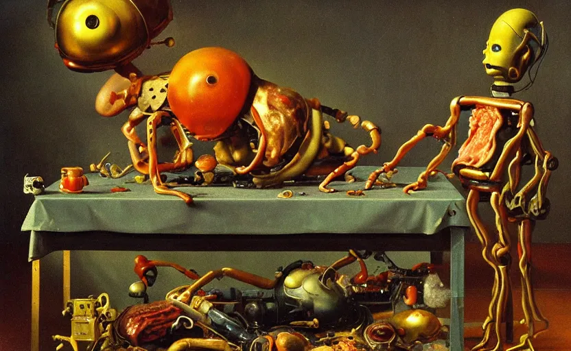 Image similar to strange robot body, disturbing colorful oil painting dutch golden age vanitas still life sparse composition with bizarre objects strange gooey transparent surfaces shiny metal reflections bizarre mutant meat insects rachel ruysch dali todd schorr very detailed perfect composition rule of thirds masterpiece canon 5 0 mm, cinematic lighting, photography, retro, film, kodachrome